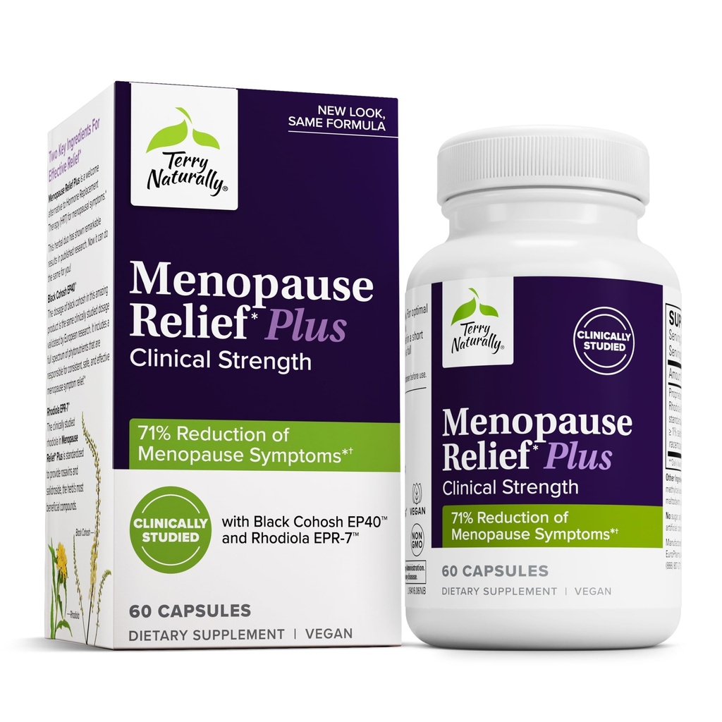 Terry Naturally Menopause Relief Plus - Menopause Symptom Supplement - Occasional Tiredness & Night 스웨터에 대한 보충 - Rhodiola 및 Black Cohosh와 보충 - 60 캡슐