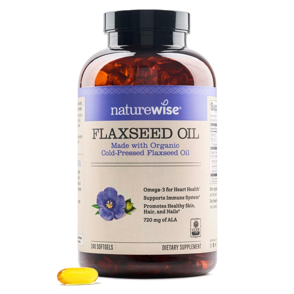 NatureWise Flaxseed Oil 1,242 mg, 물고기 무료 오메가 3 6 9 720mg ALA, 심장 건강 지원을위한 다이어트 보충 - 유기, 감기 압박, 비 GMO - 240 Softgels[8-달 공급]