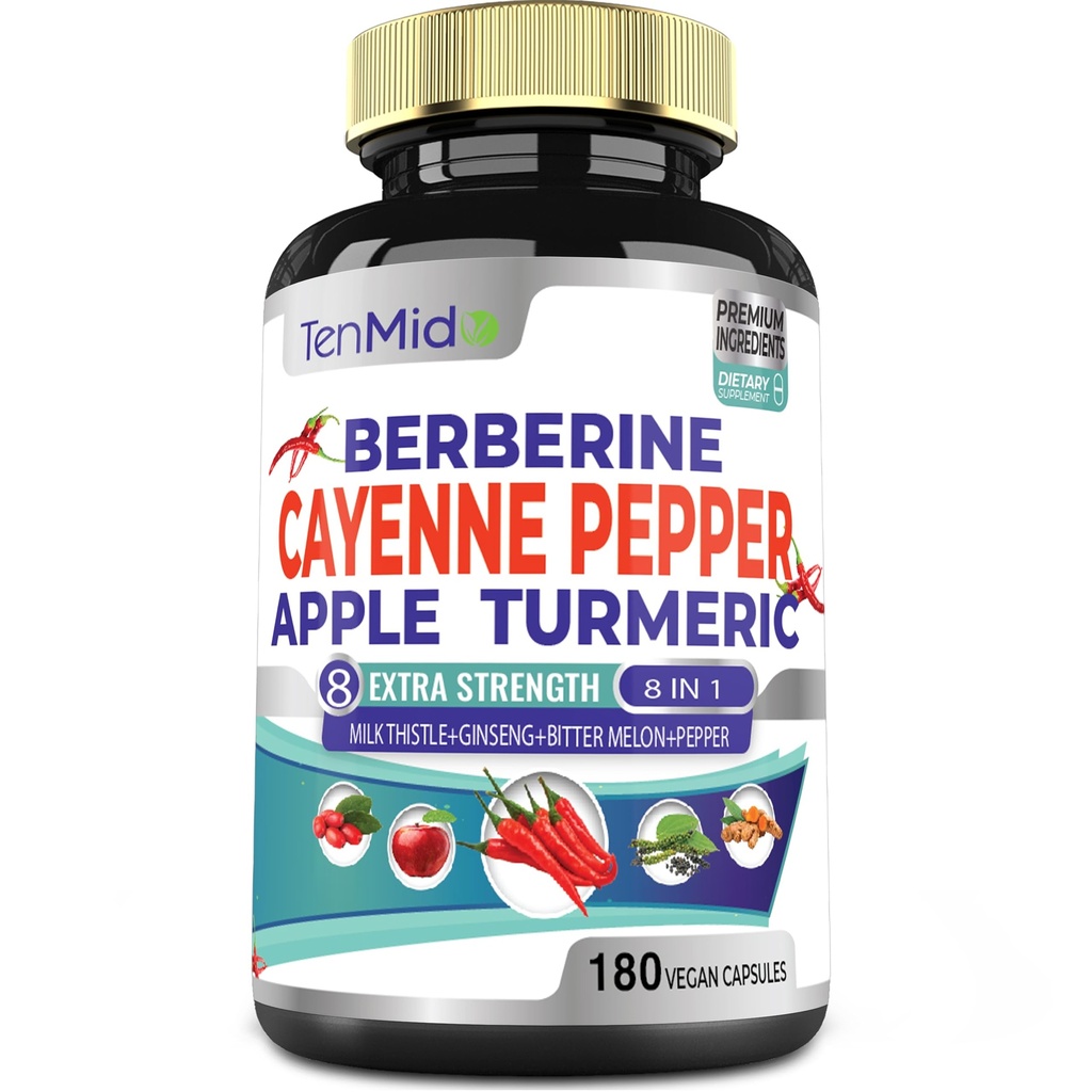 Cayenne Pepper 보충제 추출물 캡슐, 180 캡슐 & Berberine, Apple, Turmeric Curcumin, Bitter Melon, Ginseng, Milk Thistle | 지원 심장 건강, 소화 기능