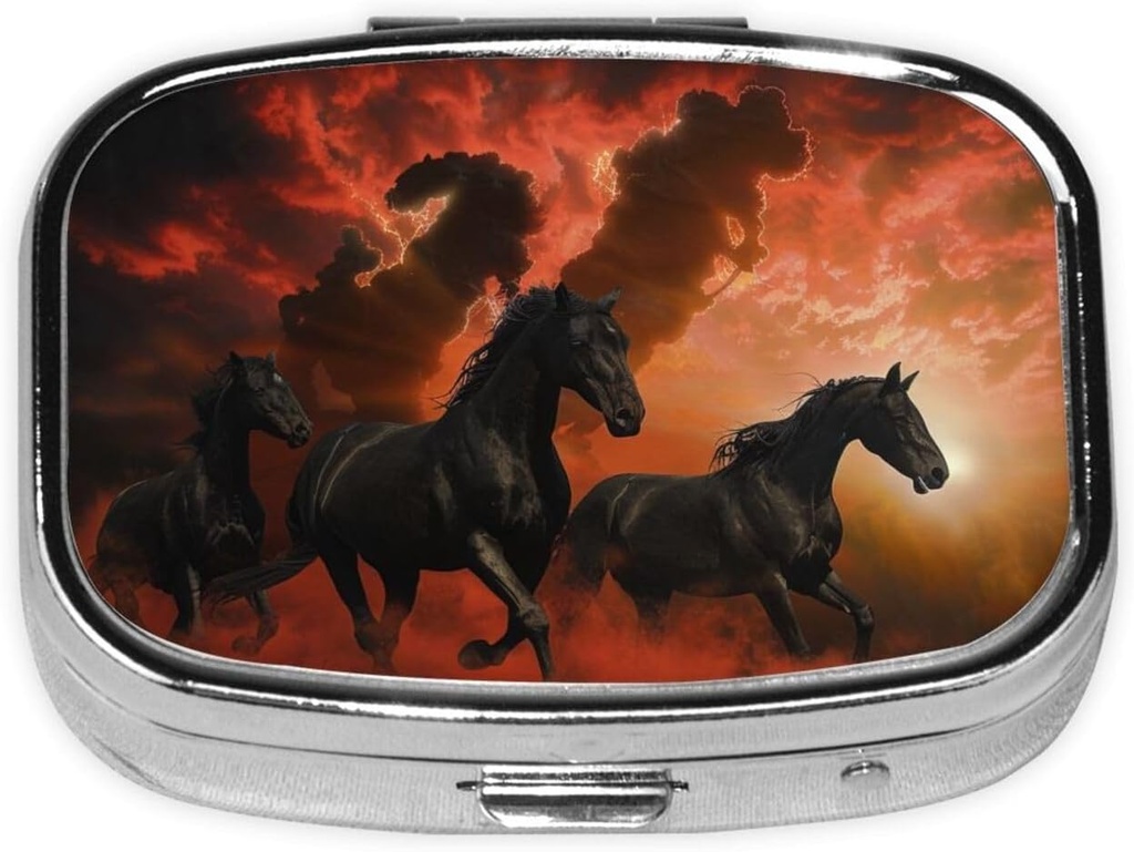 Black Horses Red Glowing Clouds 2 Compartments, 휴대용 소형 알약 상자 알약 케이스, 비타민, 생선 기름, 보충제가있는 광장 알약 주최자를 인쇄
