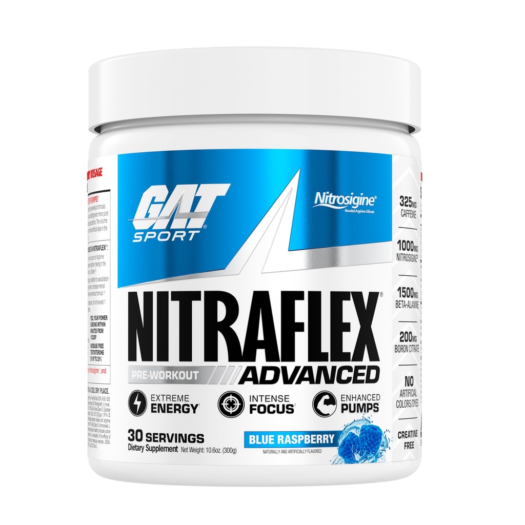 GAT SPORT Nitraflex 고급 사전 운동 분말, 혈액 흐름 증가, 부스트 힘과 에너지, 운동 성능 향상, (블루 라즈베리, 30 서빙)
