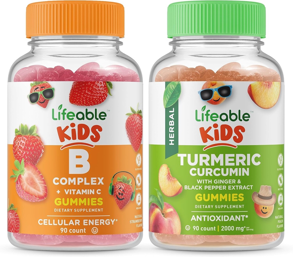 Lifeable B Complex Kids + Turmeric Curcumin Kids, Gummies Bundle - 훌륭한 타스팅, 비타민 보충, 글루텐 무료, GMO 무료, Chewable Gummy