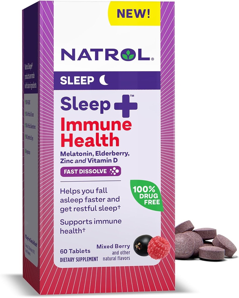 Natrol Sleep + Immune 건강 멜라토닌 6mg Elderberry, 아연 및 비타민 D, 휴식 수면 및 면역 지원을위한 다이어트 보충, 60 혼합 Berry-Flavored 빠른 용해 정제, 60 일 공급