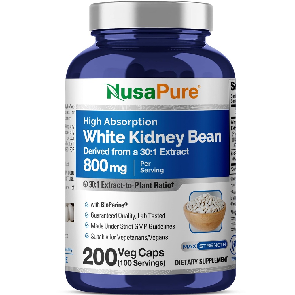 NusaPure 백색 신장 콩 30:1 추출물, 24,000 mg 200 Vegan 캡슐과 동등한 800 mg - Bioperine - (비건, 비 GMO)