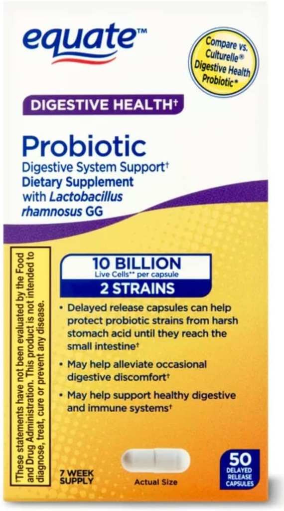Equate Probiotic Supplement 소화 시스템 지원 - 전반적인 소화 건강 지원 - 변비, 설사, 가스 및 Bloating 최소화 - 지연 방출 캡슐, 50 카운트