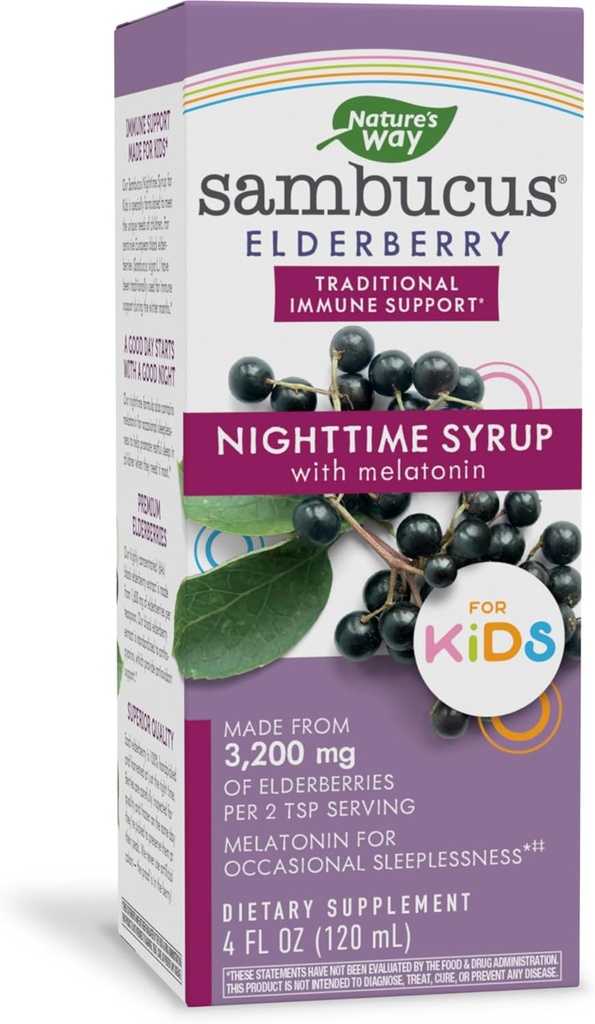 자연의 방법 Sambucus Elderberry Melatonin, Immune Support*, 4 Fl Oz를 가진 아이를 위한 야간 시럽