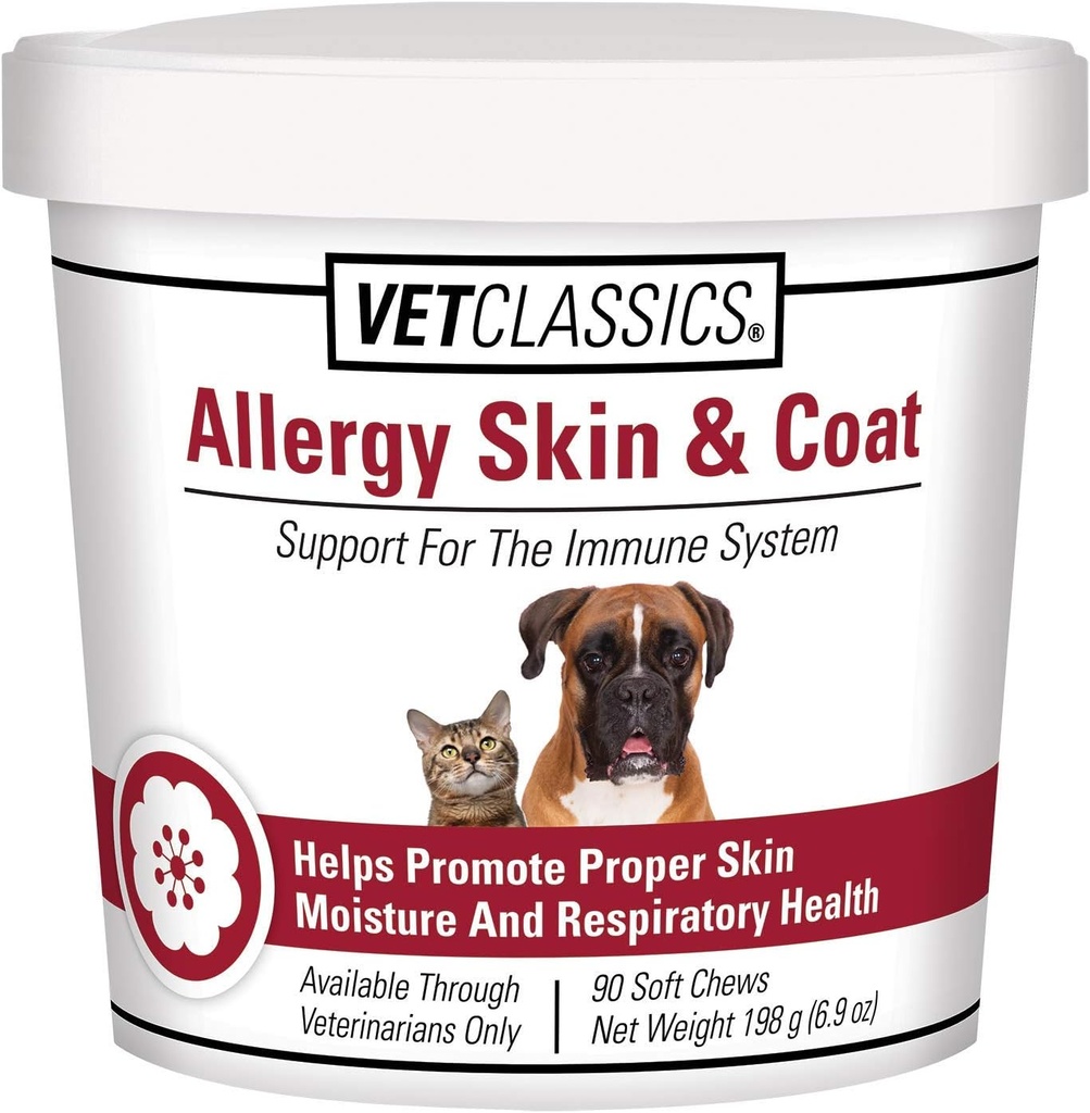 Vet Classics Allergy Skin & Coat Support Pet Supplement for Dogs & Cats - 고양이 피부 수분, 개 알레르기, 애완 동물 호흡 건강 - 산화 방지제 포함 - 소프트 체스 90 Ct.
