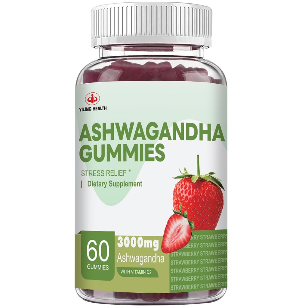 YiLing Ashwagandha Gummies for Women & Men, 3000 Mg of High-Potency Ashwagandha Root Extract Boosts Energy, 수면 개선, 스트레스와 캘스 무드, 60 Count Strawberry flavor Ashwagandha