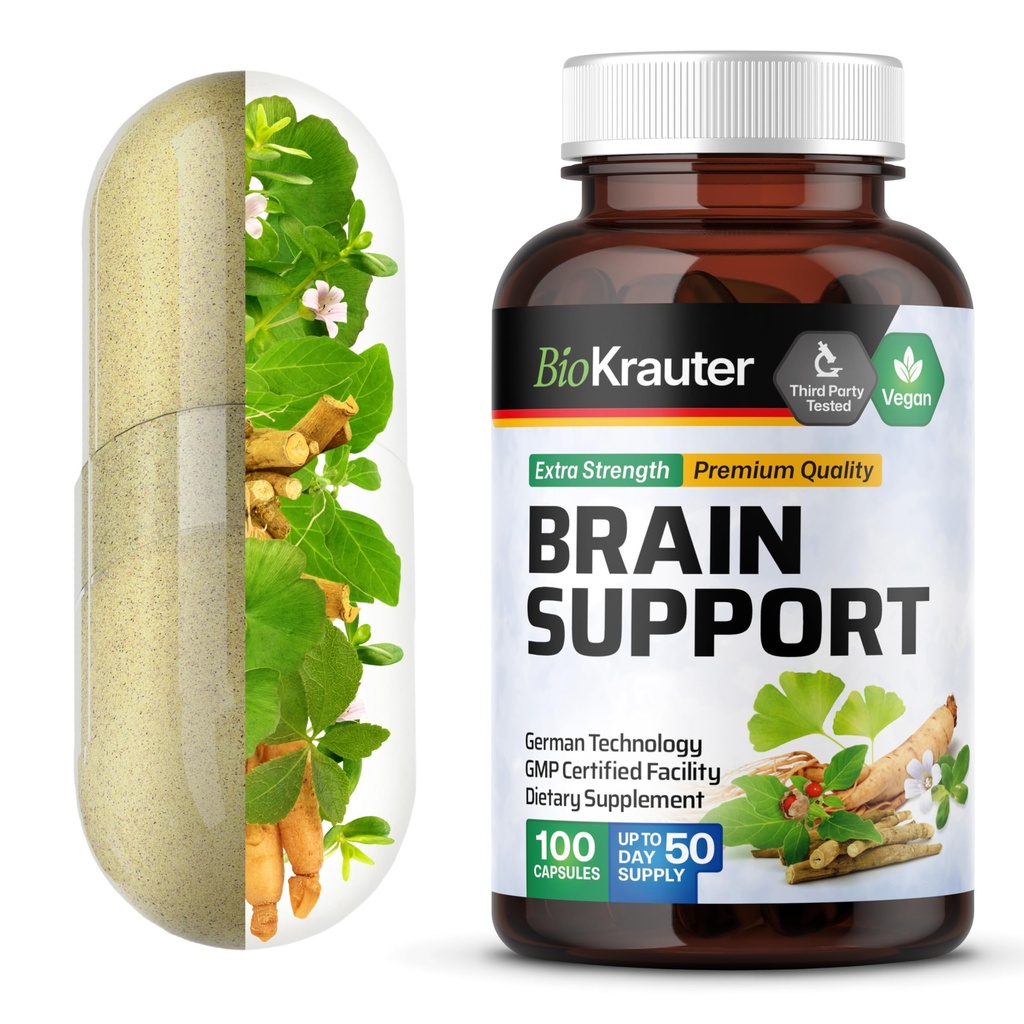 BIO KRAUTER 두뇌 지원 보충교재 - 100개 조사 - Ashwagandha, Panax Ginseng 및 Ginkgo Biloba의 1300 mg 혼합 - 채권자 없음