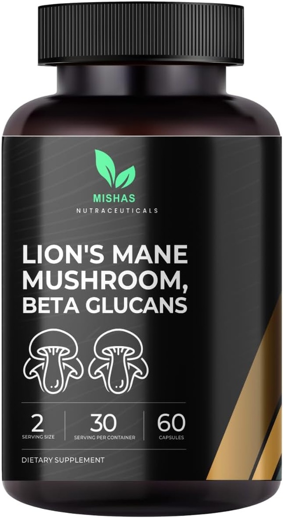 Mishas Lions Mane Supplement - 유기 사자 Mane - 두뇌 건강 지원 - 초점 및 기억, 면역 및 신경 기능 시스템 여성 및 남성을위한 버섯 지원 - 60 Vegan 캡슐