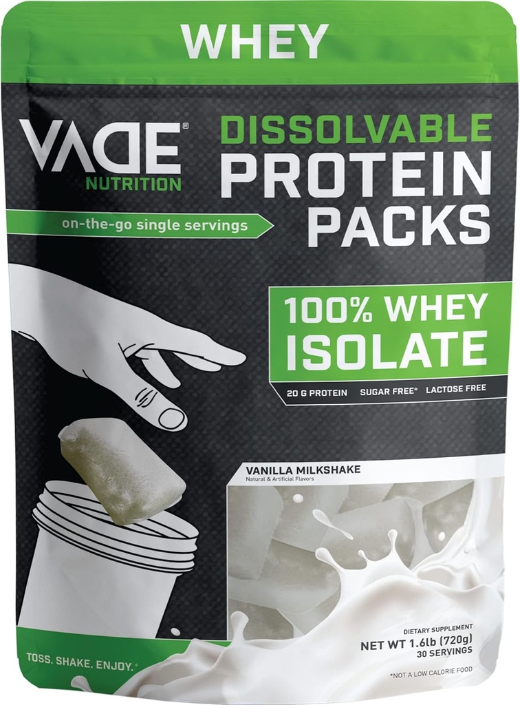 VADE 영양 분해성 단백질 팩 - 100 % Whey Isolate Protein Powder Vanilla Milkshake - 낮은 Carb, 낮은 Calorie, Lactose Free, Sugar Free, Fat Free, Gluten Free - 30 Packets to Go