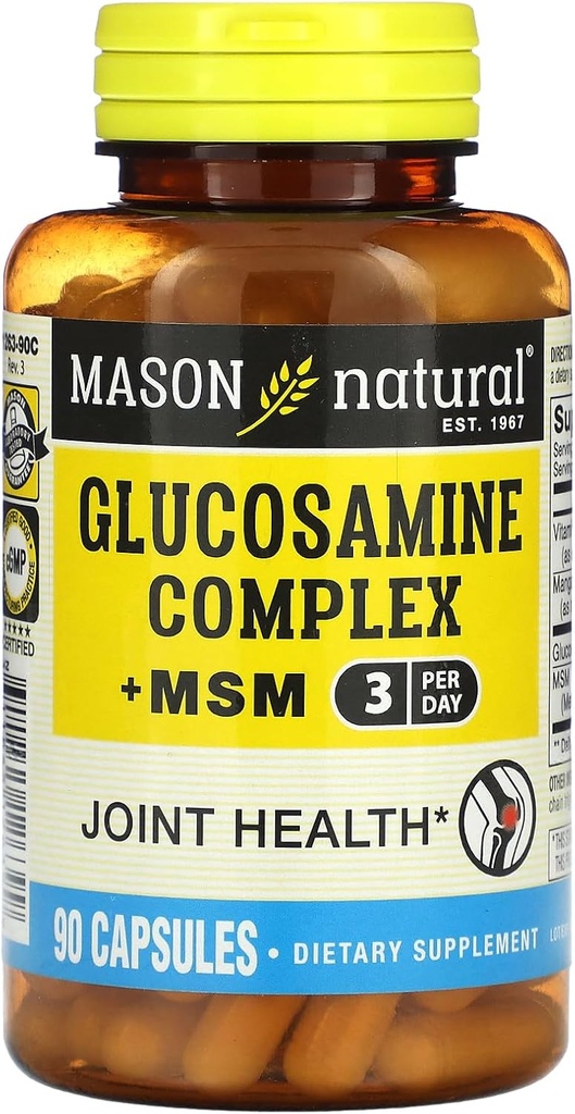 MASON NATURAL Glucosamine Complex Plus MSM with Vitamin C - 관절 건강, 향상된 유연성 및 이동성, 90 캡슐 지원