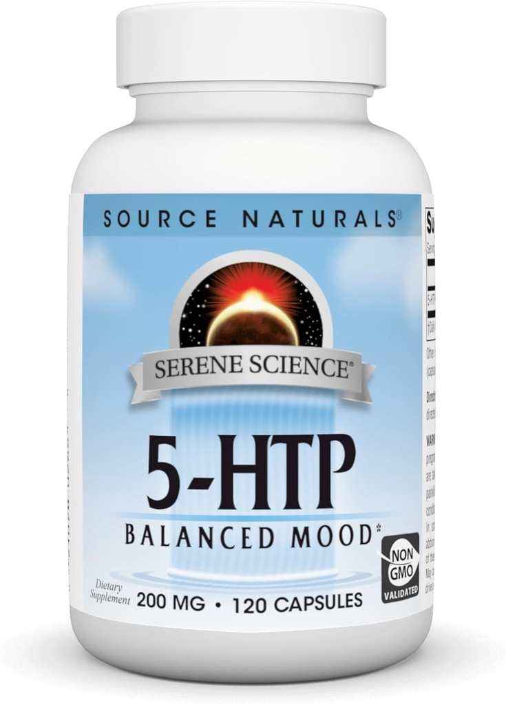 Source Naturals Serene Science 5-HTP, Balanced Mood*, Non-GMO 규정식 보충교재, 200 mg - 120 캡슐