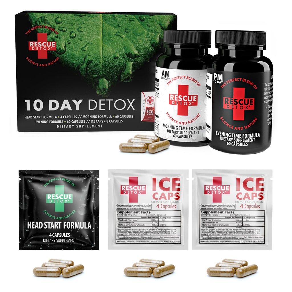 Rescue Detox 10 Day 영구 Detox 키트 - 132ct 캡슐 | Bonus Instant ICE Caps와 포괄적인 전체 바디 클렌징