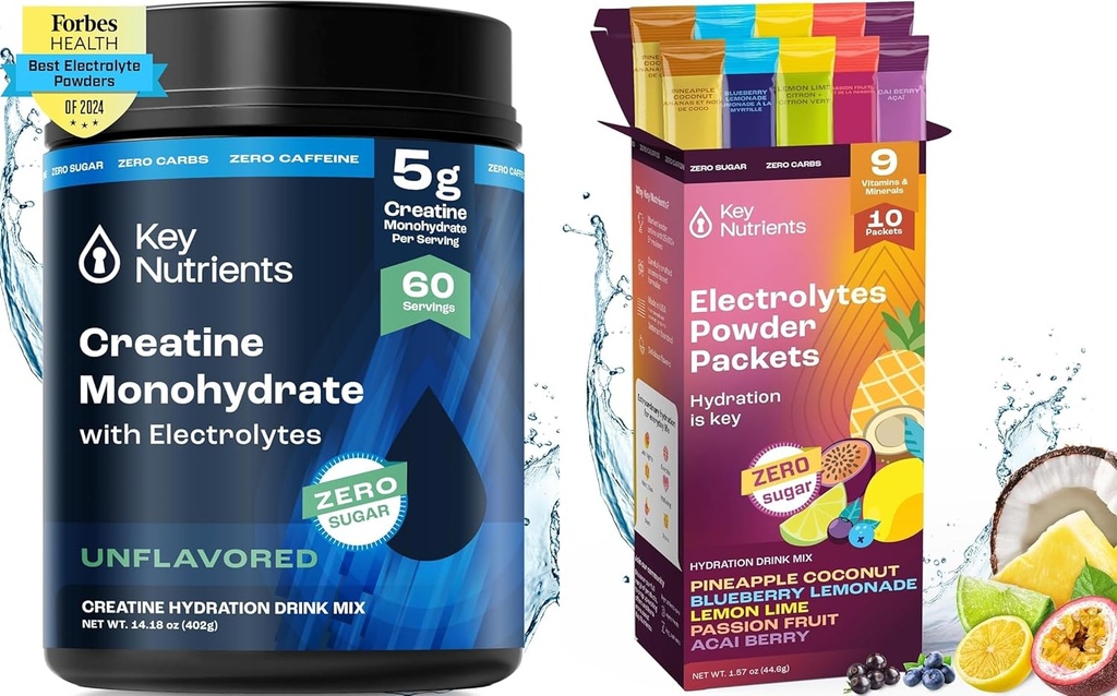 KEY NUTRIENTS Creatine Monohydrate & Hydration Packets 번들 – Unflavored Micronized Creatine Powder (60 인분) + Electrolyte Powder Packets (10 인분) – Boost Strength, Hydration & Recovery