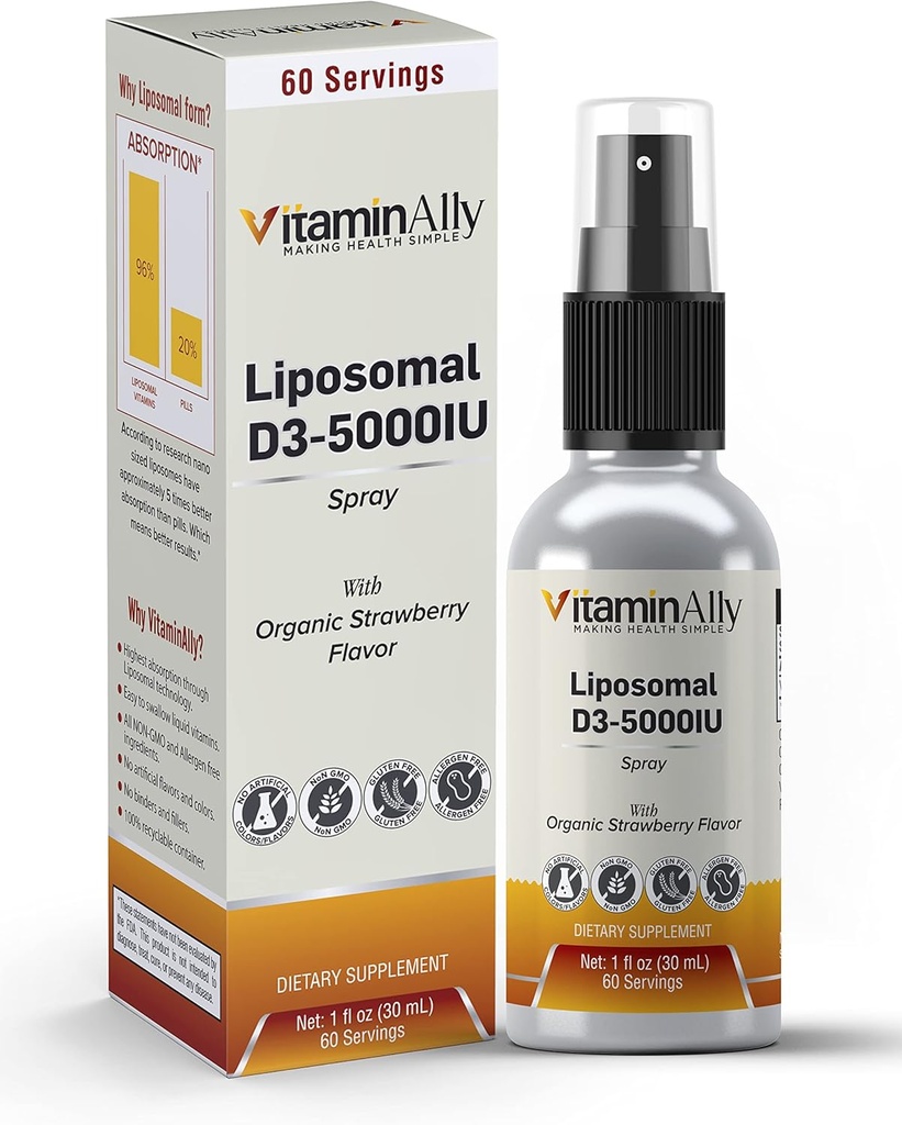 Liposomal 액체 비타민 D3-5000IU 스프레이 | 2 개월 공급 | 1 fl oz | Non-GMO | Sugar Free| 글루텐 프리 | 여행 친화적 인 | Bone Health, 면역 체계 및 건강한 계류 지원