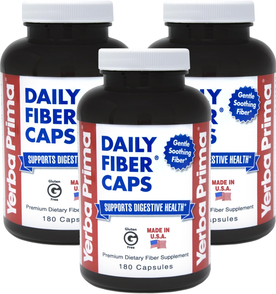 Yerba Prima Daily Fiber Capsules, 180 Caps (Pack of 3) - 수용성 규정식 섬유 보충 - Colon Cleanse - Gut Health - 변비 완화, Vegan, Non-GMO, 글루텐 프리
