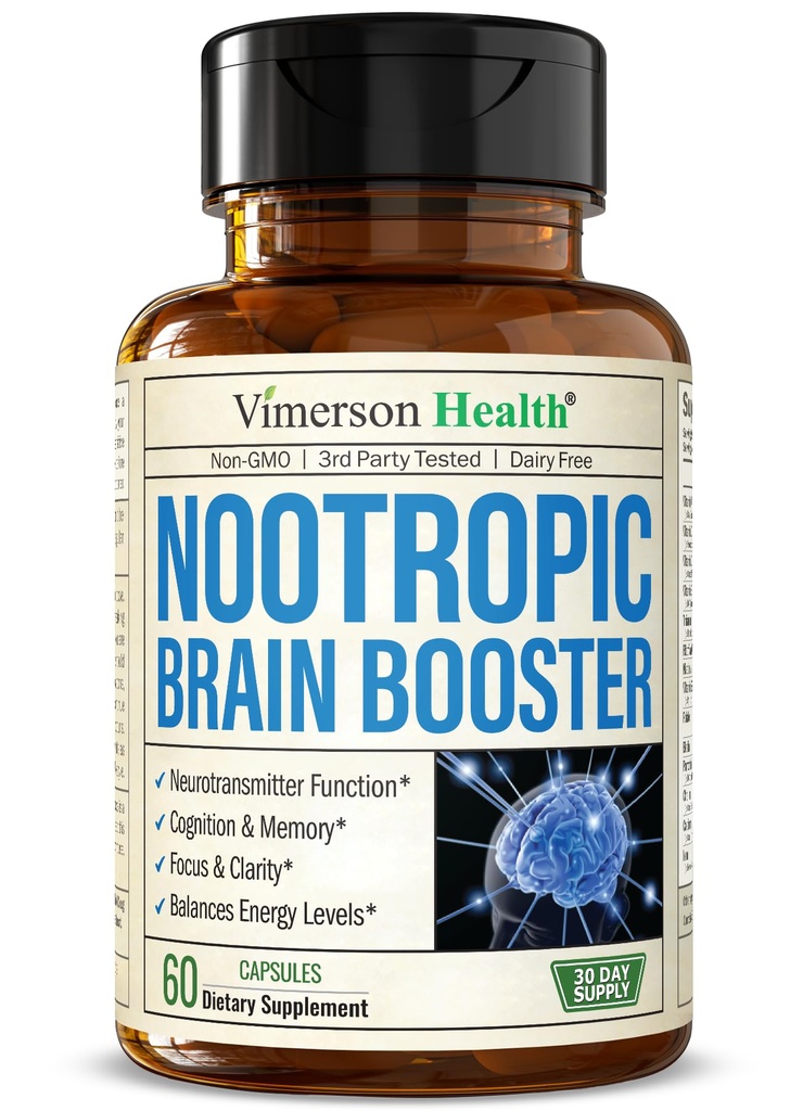 Nootropics 두뇌 지원 보충교재 - 개량한 초점, 농도 & 기억을 위한 Nootropic 뇌 승압기. 뇌 건강, 무드 및 에너지 지원을위한 두뇌 Nootropic. 비 GMO. 미국에서 만든. 60 캡슐