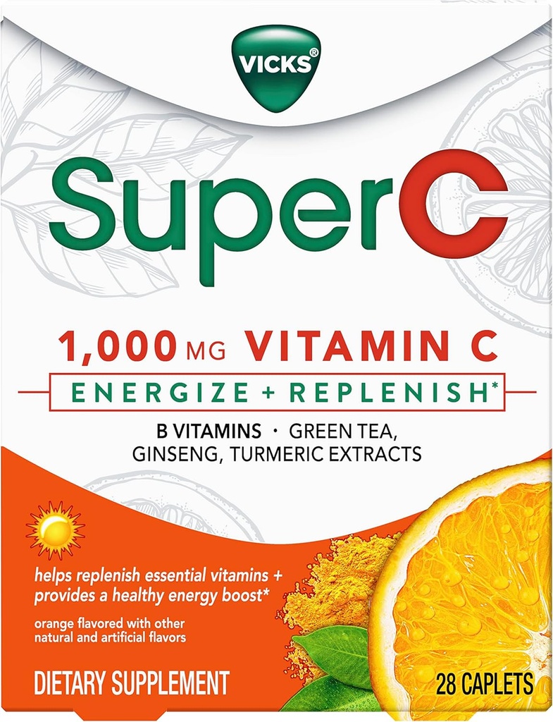 Vicks Super C Energize + 비타민 C, B 비타민, 녹차, 인삼 및 심황 추출물이 필수 비타민 *, 28 캡슐을 보충하는 데 도움이됩니다.