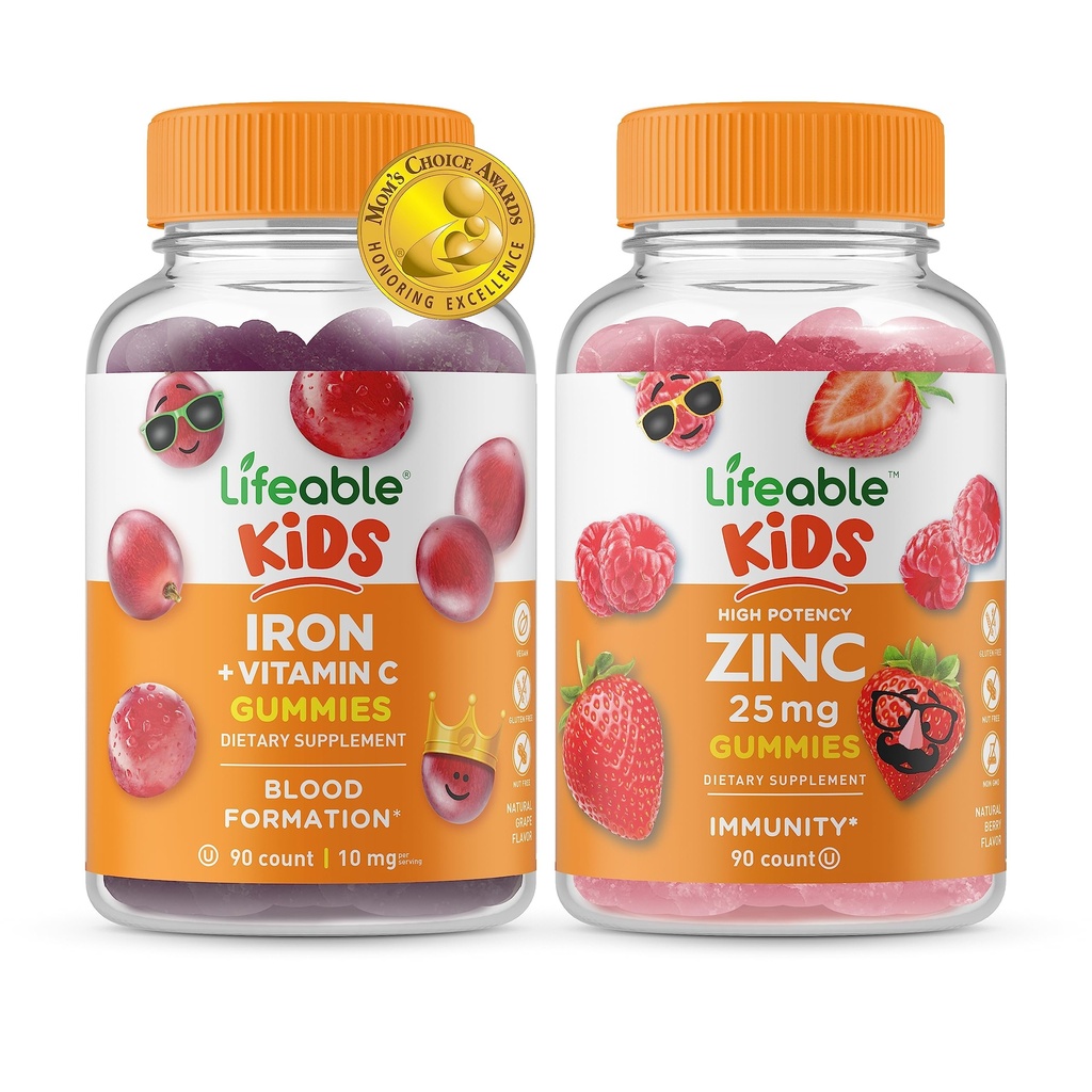Lifeable Iron & Vitamin C Kids + 아연 25mg Kids, Gummies 번들 - 훌륭한 타스팅, 비타민 보충, 글루텐 무료, GMO 무료, Chewable Gummy