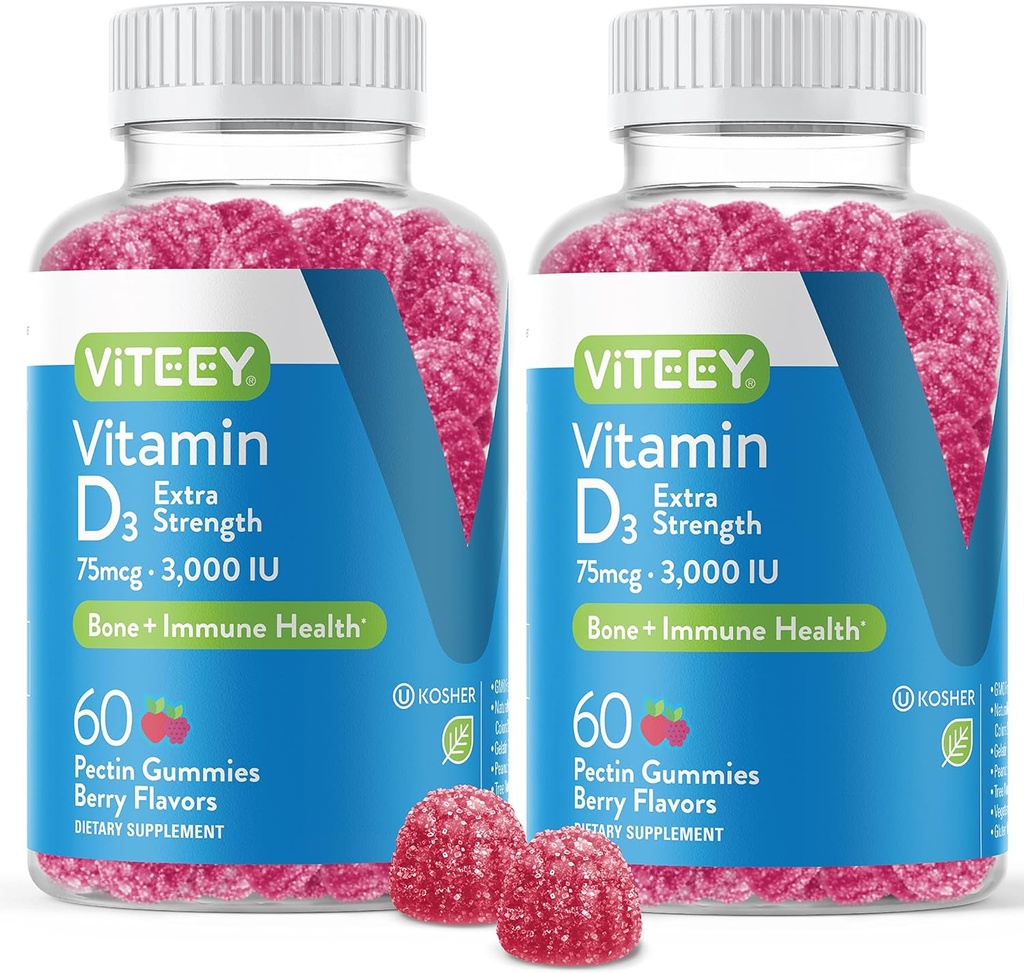 성인 & 청소년을위한 비타민 D3 Gummies - 3,000 IU, 75mcg, 여분의 힘 - 합동 & 근육 건강, 면역 부스트 - Chewable 비타민 D Gummies - 채식주의, 젤라틴 무료 - 맛있은 맛있은 거미