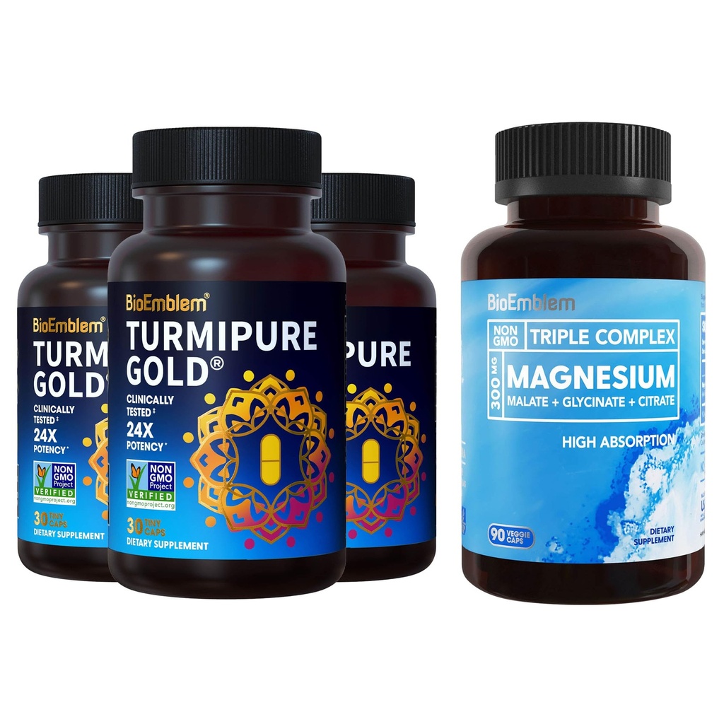 BioEmblem Triple Magnesium Complex and BioEmblem Turmeric Curcumin with Clinically Studied TurmiPure - 합동 지원, 건강한 염증 심황 보충 교재