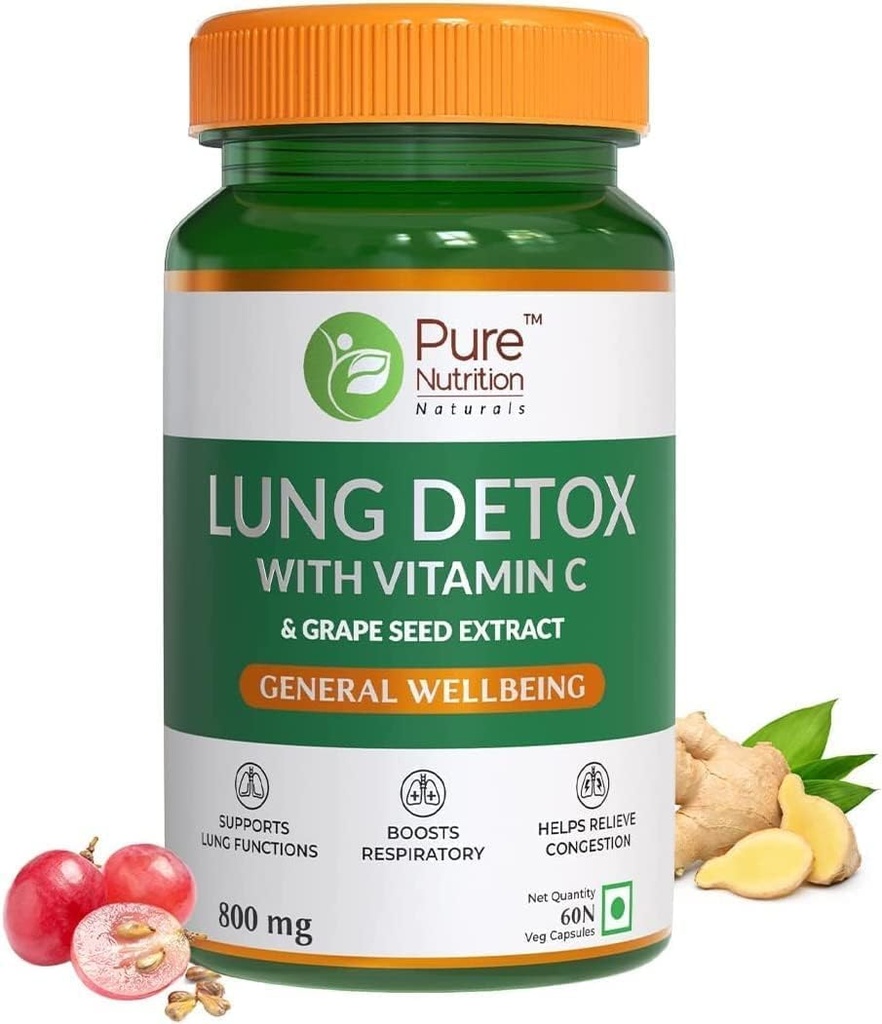 SENTA Pure Nutrition Lung Detox는 비타민 C, Grapeseed & Vasaka Leaves Extract의 천연 초본 혼합으로 보충합니다 | Lung Cleanser for Detoxification of Lung and Immune Defence - 60 Veg Capsules