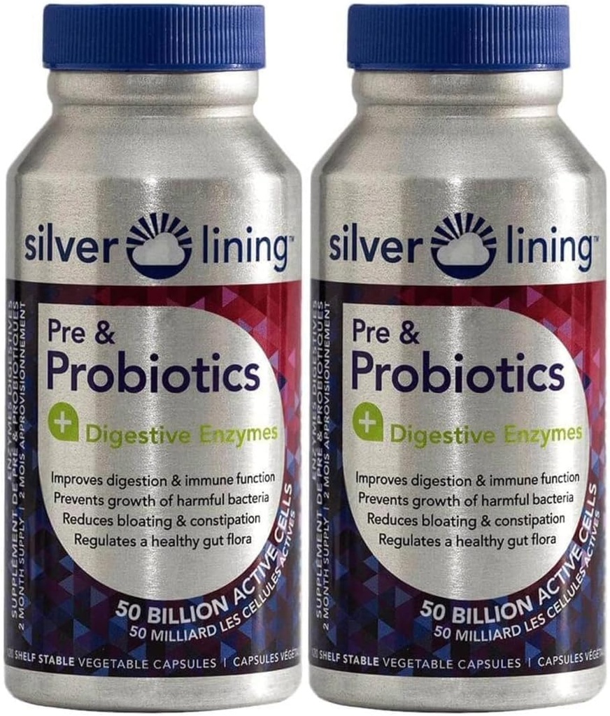 Silver Lining Pre & Probiotics + Digestive Enzymes | 50억 CFU/Active Cell | 다이제스트 및 면역기능 지원, 블로깅 감소 | 선반식 포뮬러 | 240 개 (패키지)