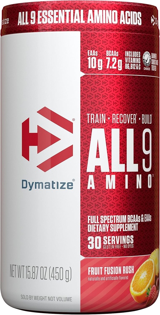 Dymatize All9 아미노산, BCAA의 7.2g, 회복과 근육 단백질 종합, 과일 융해, 30 서빙, 15.87 Ounce를 위한 서빙 당 가득 차있는 스펙트럼 정유 아미노산의 10g
