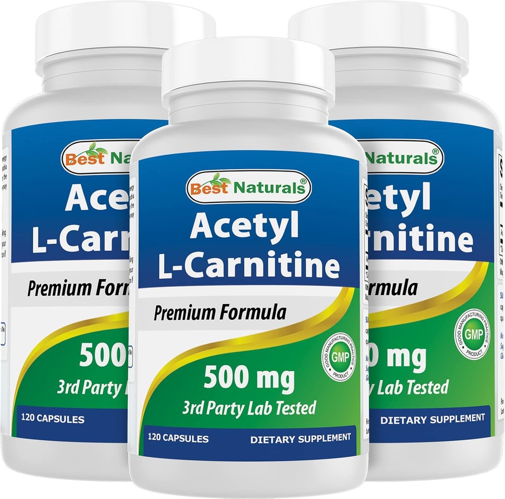 최고의 자연 아세틸 L 카르니틴 (ALCAR) 500mg, 120 캡슐, 120 서빙 - 비 GMO 및 글루텐 무료, 서빙 당 1 캡슐 (3 팩)