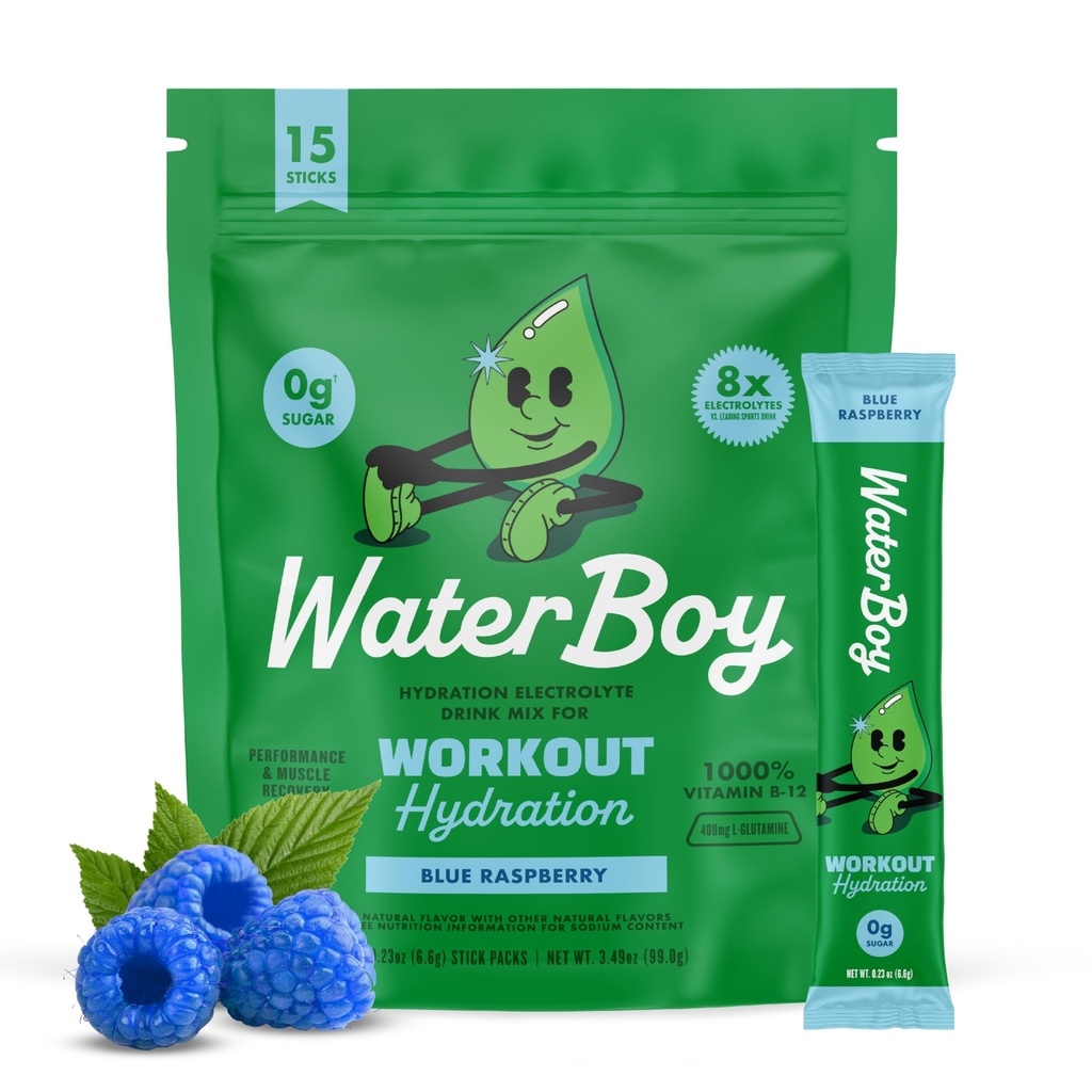 워터보이 운동 히드라이즈 | 2,960mg 슈가프리 일렉트로테 파우더 패킷 | L-Glutamine + Vitamin | No Sugar, All Natural, Gluten Free | 15 음료 스틱 믹스 (블루 라즈베리)