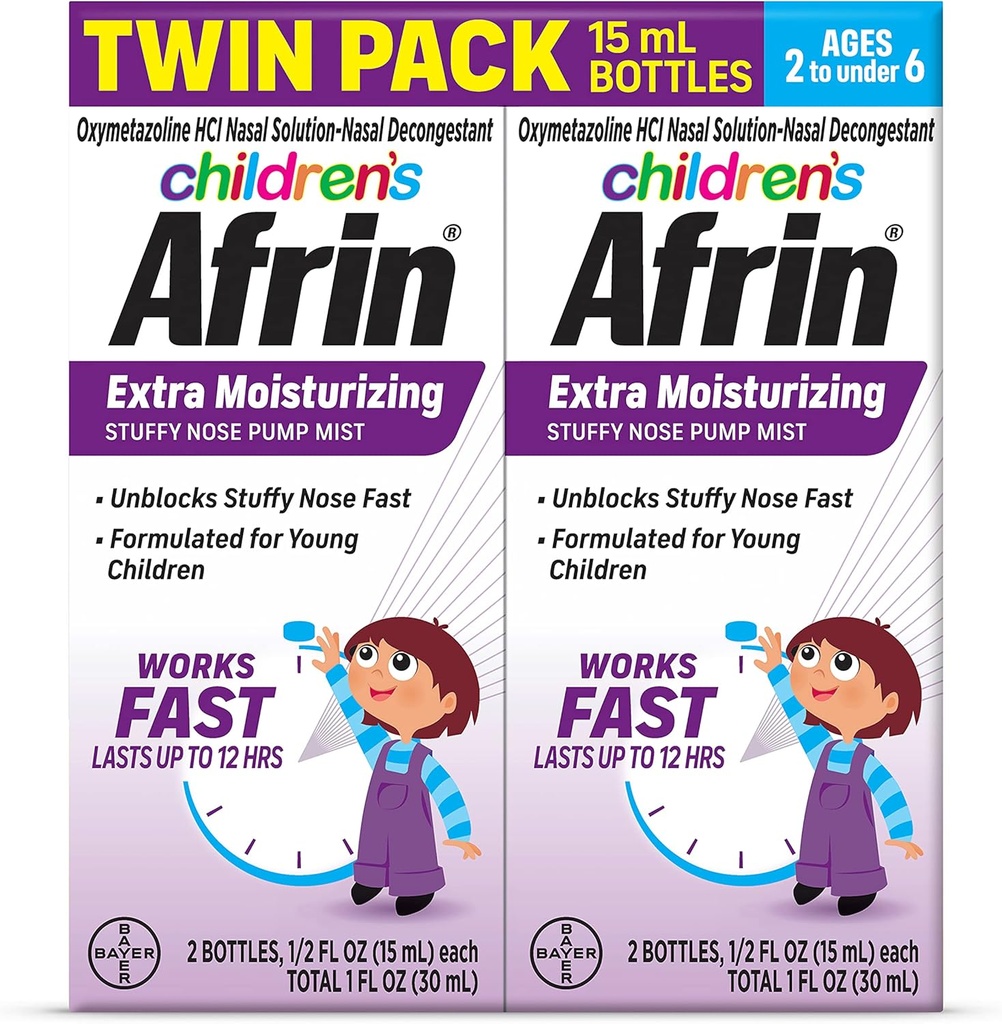 Afrin Children's Extra Moisturizing Nasal Mist, Non-Drowsy, 최대 12 시간 Stuffy Nose Relief, 어린이 연령 2 ~ 6, .5 fl oz (팩 2)