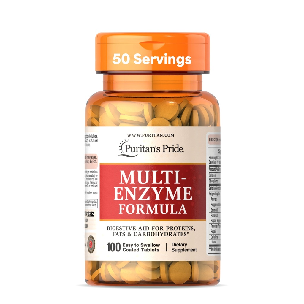 Puritan의 Pride Multi-Enzyme 공식, 단백질, 지방 및 탄수화물, 소화 및 건강한 Gut 지원, 50 일 공급, 100 쉽게 삼키기 코팅 정제를위한 소화 보조 보충