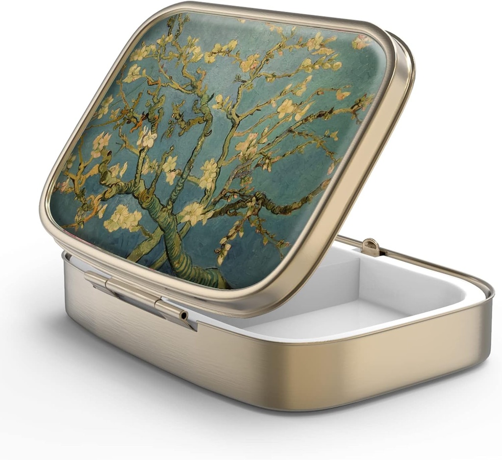Pill Case Pill Box with Mirror Retro 2 Compartment Purse 또는 포켓 청동 직사각형 알약 상자 또는 비타민, 생선 기름, 보충제, Pill Containe 여행 선물 (Vangogh 예술)