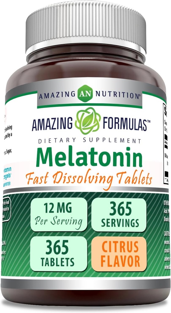 Amazing Formulas Melatonin Fast Dissolve Supplement | 감귤류 맛 | 12 Mg Per Serving | 365 Tablet | Non-GMO | 글루텐 프리 | 미국
