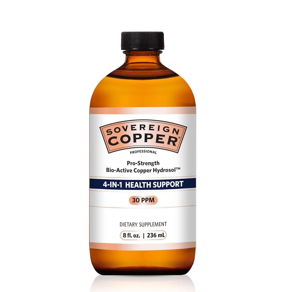 Sovereign Pro-Strength Bio-Active Copper Hydrosol - 성인 및 어린이용 Bioavailable Copper Liquid Supplement for Hair, Skin, & Nails, 30ppm - 8 fl oz (237mL)