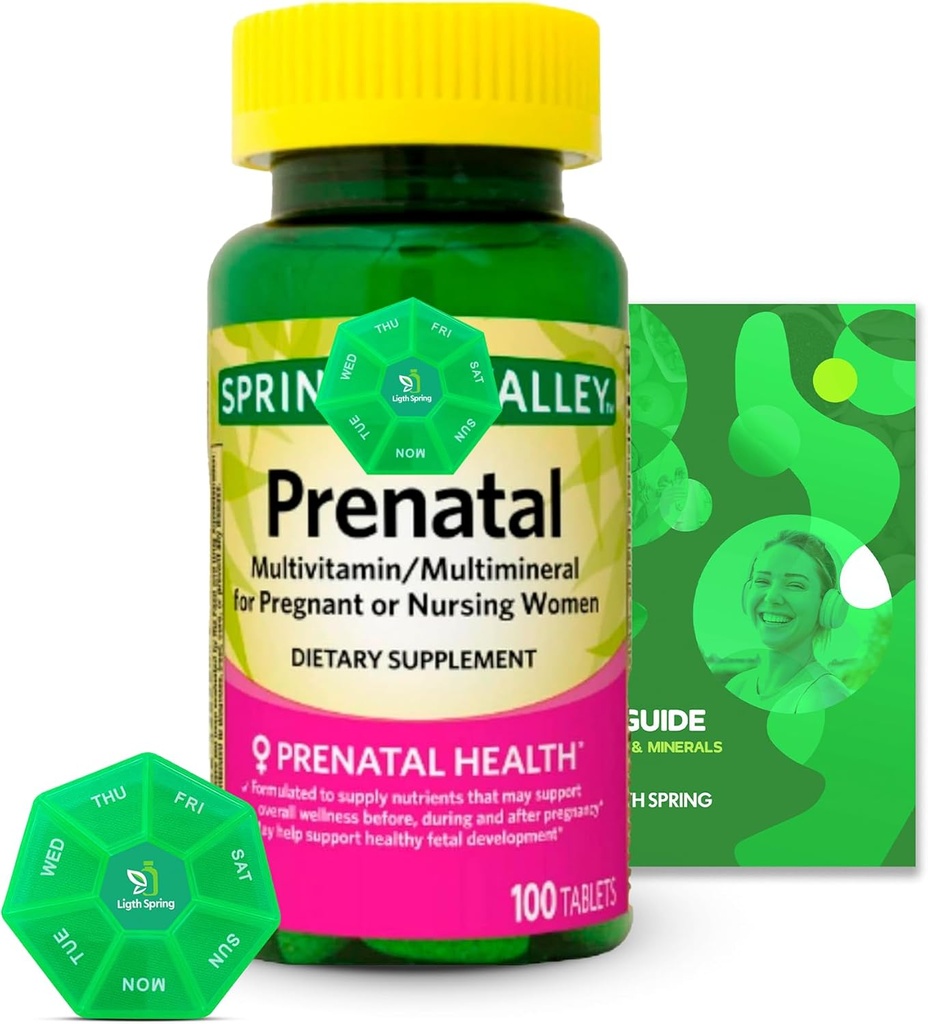 Prenatal Multivitamin/Multimineral 100 Tablets with Bundle Exclusive Vitamins & Minerals - A to Z -Better Ligth & Spring Guide + Weekly Pill 주최자 (3 항목)