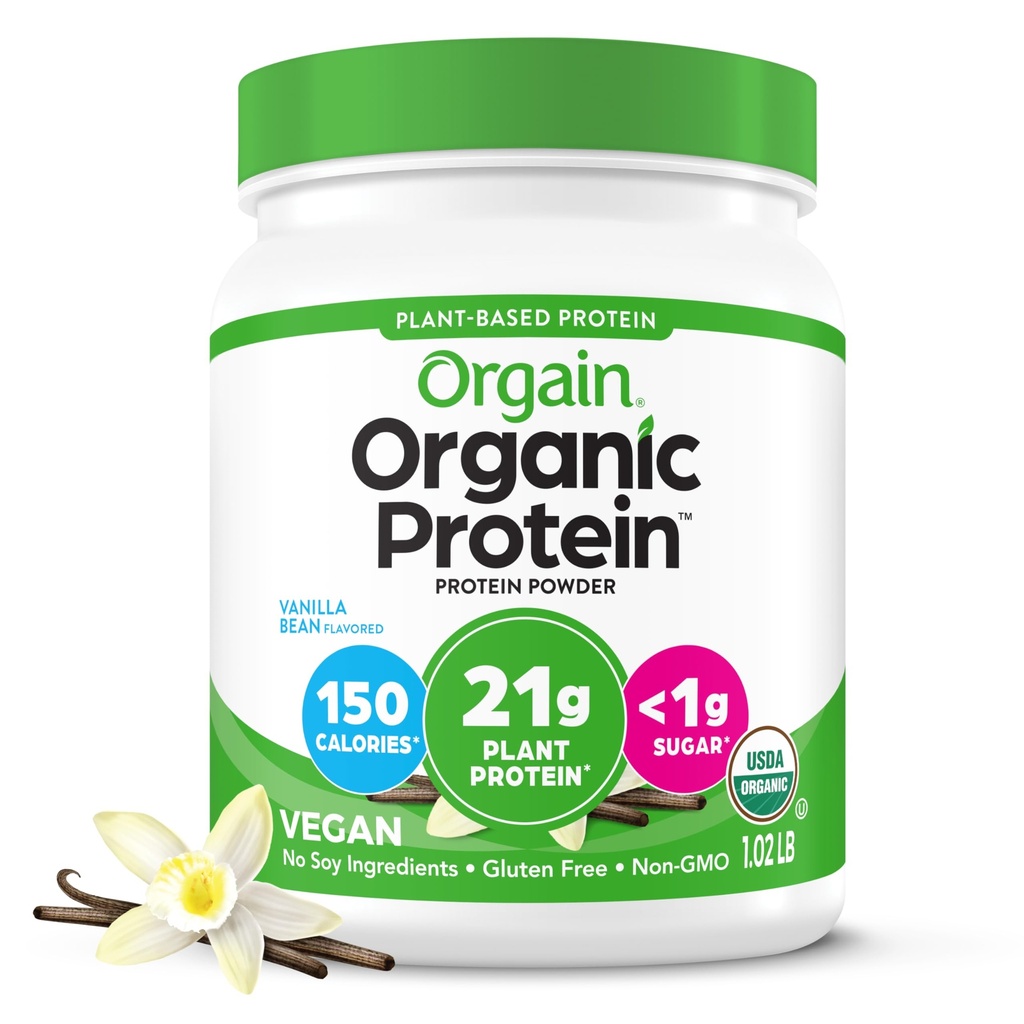 Orgain 유기 채식 단백질 분말, 바닐라 콩 - 21g 식물 기반 단백질, 4g Prebiotic 섬유, Lactose 성분 없음, 설탕 추가 없음, 비 GMO, 쉐이크 및 스무디에 대 한, 1.02 lb (포장 월병)