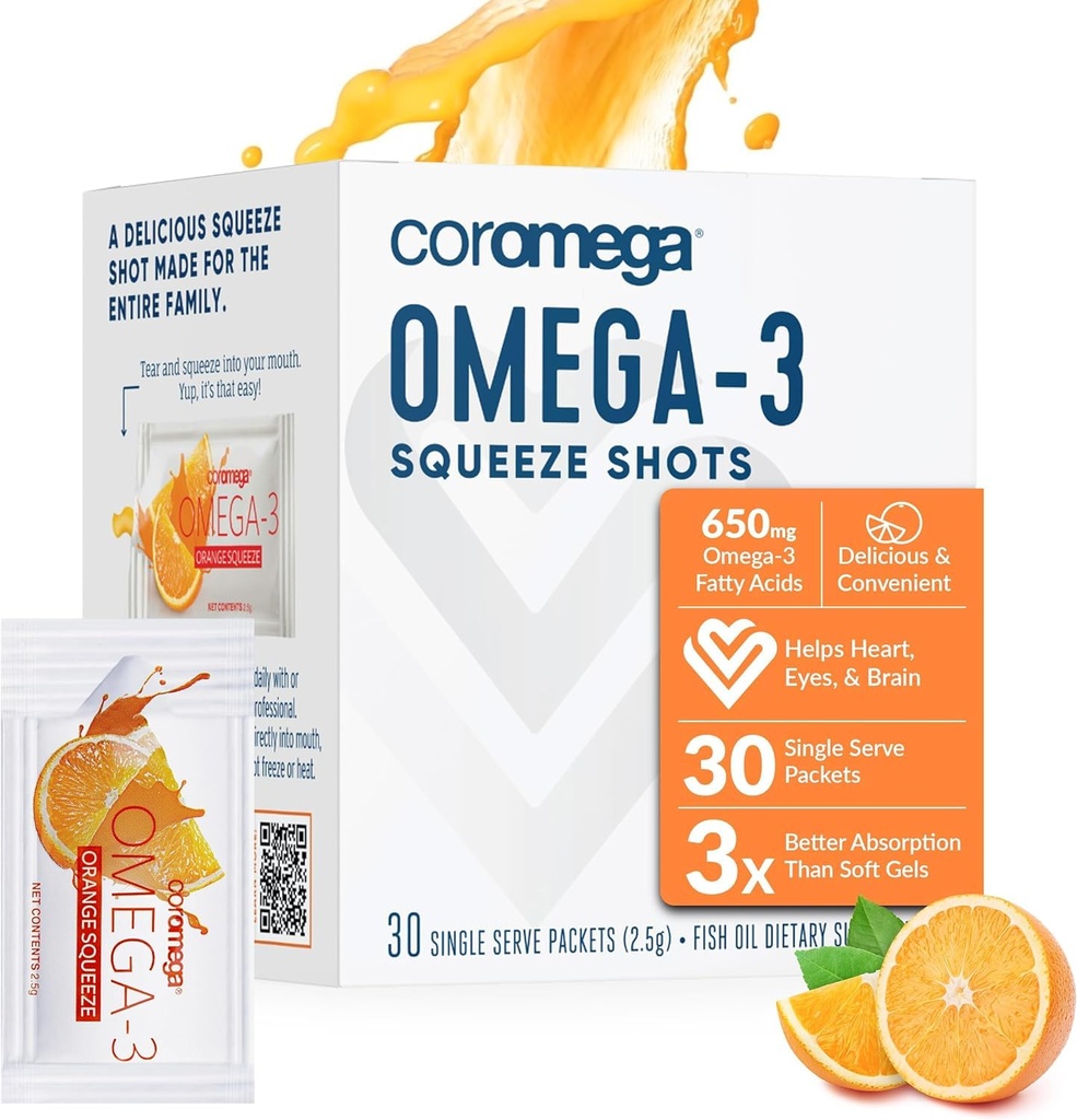 Coromega 오메가 3 물고기 기름 보충교재, Softgels, 주황색 풍미, 30 단 하나 Serve Squeeze 소포 보다는 3X 더 나은 흡수를 가진 Omega-3s의 650mg