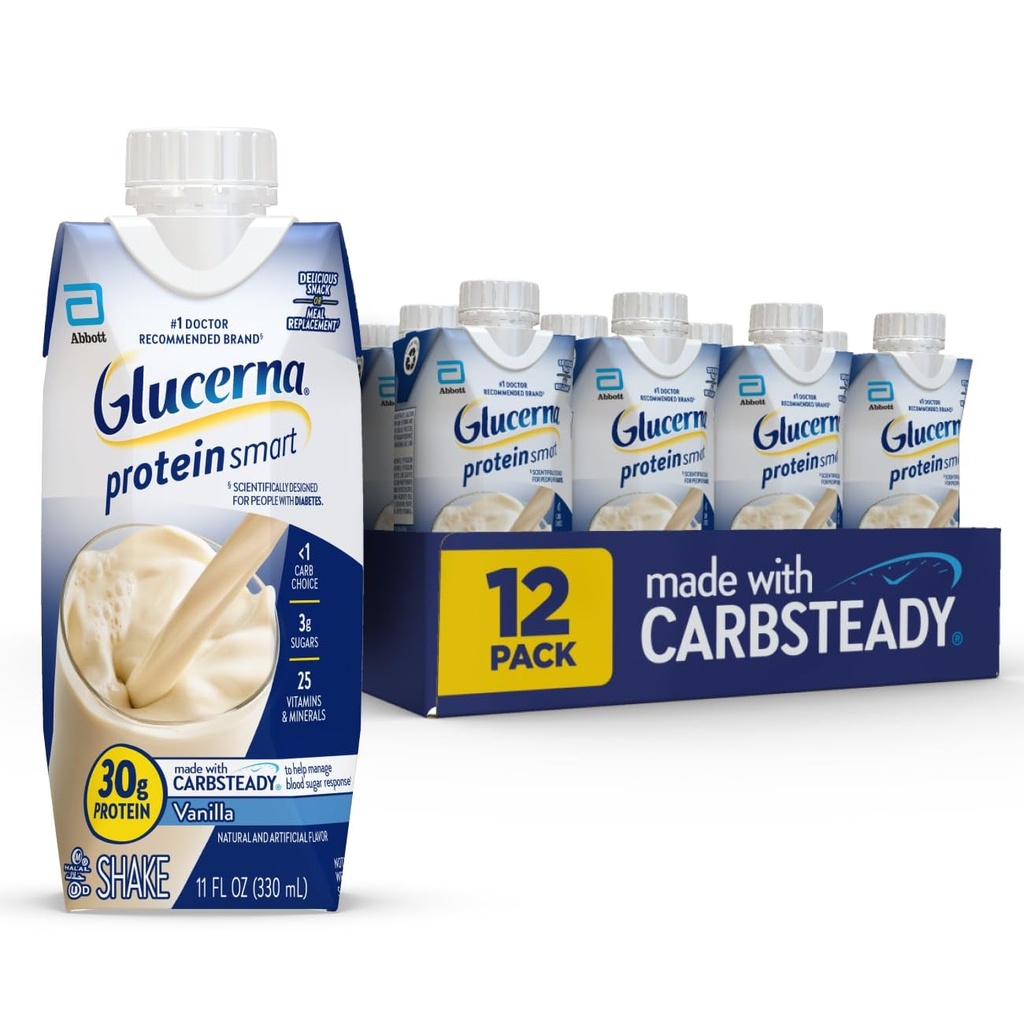 Glucerna Protein Smart Diabetes Care Shake, Vanilla, Diabetic Meal Replacement to Support Blood Sugar Management, 30g Protein, 150 칼로리, 음료 준비, 11-fl-oz Bottle, 12 팩