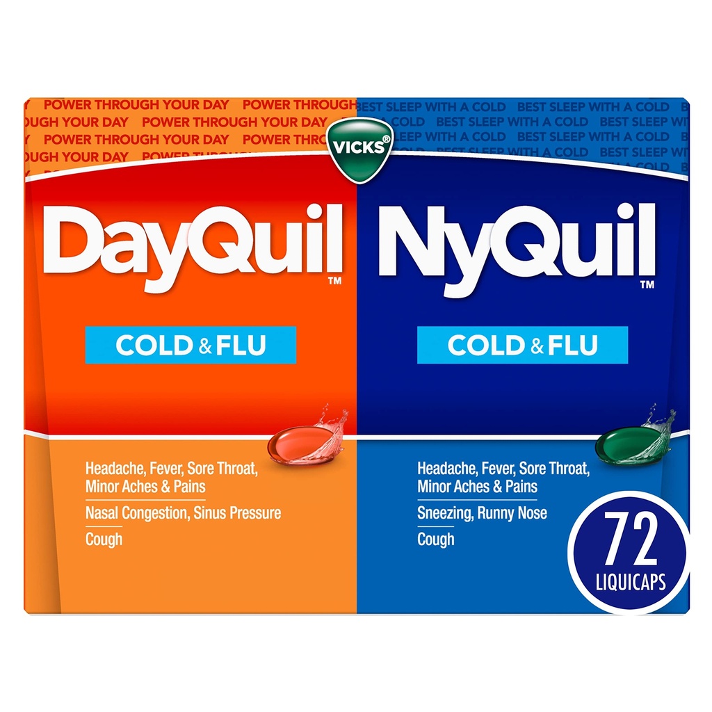 Vicks DayQuil & NyQuil Co-Pack, Cold & Flu Medicine, 강력한 Multi-Symptom Daytime & Headache, Fever, Sore Throat, Minor Aches & Pain, & Cough, 72ct에 대한 야간 구호