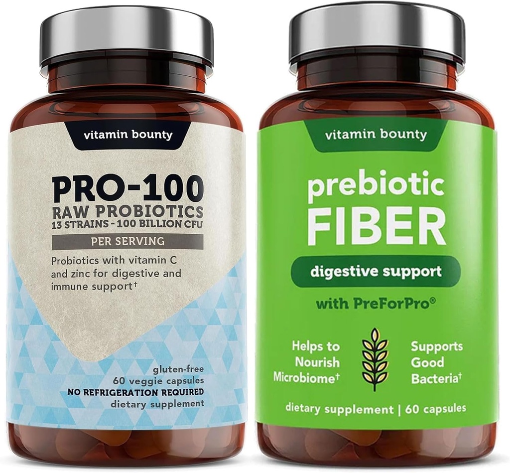 비타민 Bounty Pro-100 Probiotics & Prebiotic 섬유 번들 : 13 Strains, 100 Billion CFUs, 아연 및 비타민 C, Delayed 릴리스 캡슐과 궁극적 인 Gut 건강 지원 - 90 캡슐