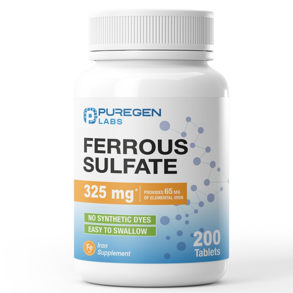 Puregen Labs Ferrous Sulfate 325 mg (65 mg 요소 철) 높은 Potency Iron Supplement | 인공 색 첨가제 없음 - 200 정제 미국에서 만든