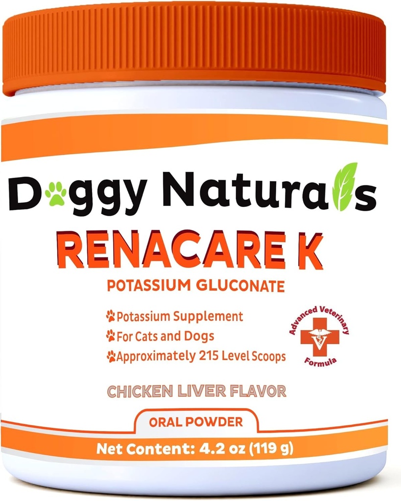 RenaCare K는 Renal K (Potassium Gluconate) 개와 고양이를위한 칼륨 보충 분말, 닭 간장 맛 (4 oz) - 215 레벨 스쿠프 (Made는 미국입니다)