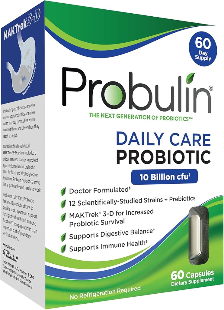 Probulin Daily Care Probiotic Supplement, Digestive, Gut 및 남성 및 여성을위한 면역 건강 지원 캡슐, 10 억 CFU, Vegan, 60 카운트 박스