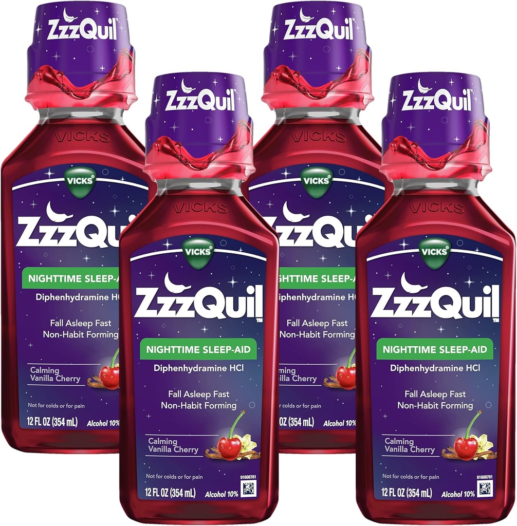 ZzzQuil, 야간 수면 보조 액체, 50 mg Diphenhydramine HCl, No.1 Sleep-Aid 브랜드, Calming Vanilla Cherry 맛, Non-Habit 성형, 12 FL OZ (포장 4)