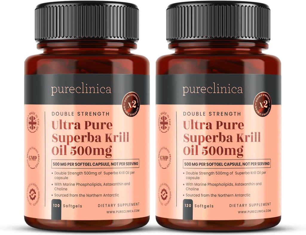 Ultra Pure Krill Oil 500mg x 240 캡슐 (2 병) - 아스타잔틴, 오메가 3, 비타민 D의 풍부한 공급을 제공하는 남극의 오염되지 않은 물에 Sourced