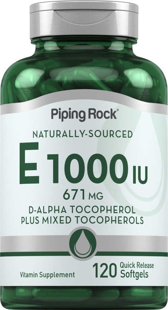 Piping Rock Vitamin E 1000 IU Softgels | 120 개 | D-Alpha와 혼합 된 Tocopherols | 글루텐 무료, 비 GMO 보충