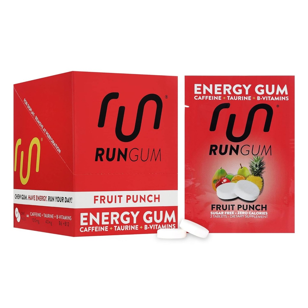 RUN GUM 과일 펀치 에너지 Chewing Gum 50mg 카페인 타우린 & 조각 당 B 비타민, 24 조각 (12의 포장) 설탕 무료, 영 칼로리에, 아스파르 없음, 글루텐 자유로운, 1개의 ea