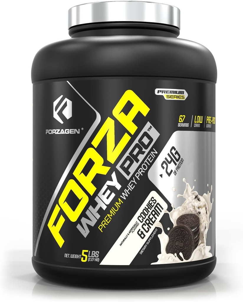 Forzagen Whey PRO Low Carb Protein Powder | 서빙 당 단백질 24g, 저수지, 남성 및 여성을위한 프리미엄 Whey, BCAA | 쿠키 및 크림, 5 파운드. (67 서빙)